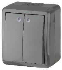 Выключатель двойной с подсветкой IP54 10АХ-250В открытой установки Эра Эксперт серый 11-1405-03 Б0020678 Б0020678 - магазин электротехники Electroshop