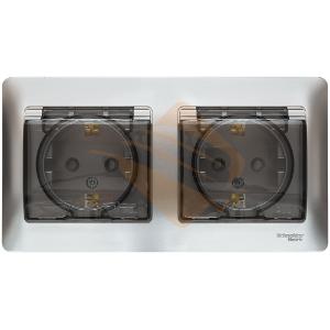 Розетка двойная с заземлением со шторками в сборе IP44 Systeme Electric Glossa алюминий GSL000347 GSL000347 - магазин электротехники Electroshop
