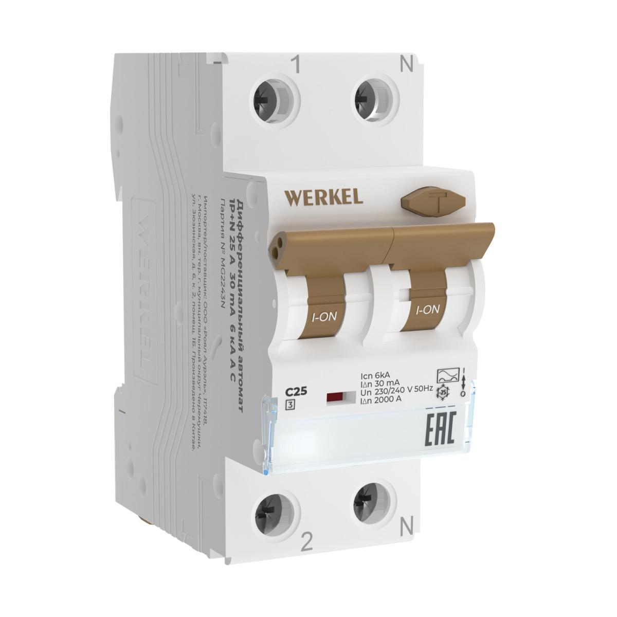 Дифференциальный автомат 1P+N 25 A 30 mА 6 kА C А Werkel W922P256 4690389193248 a062570 4690389193248 - магазин электротехники Electroshop