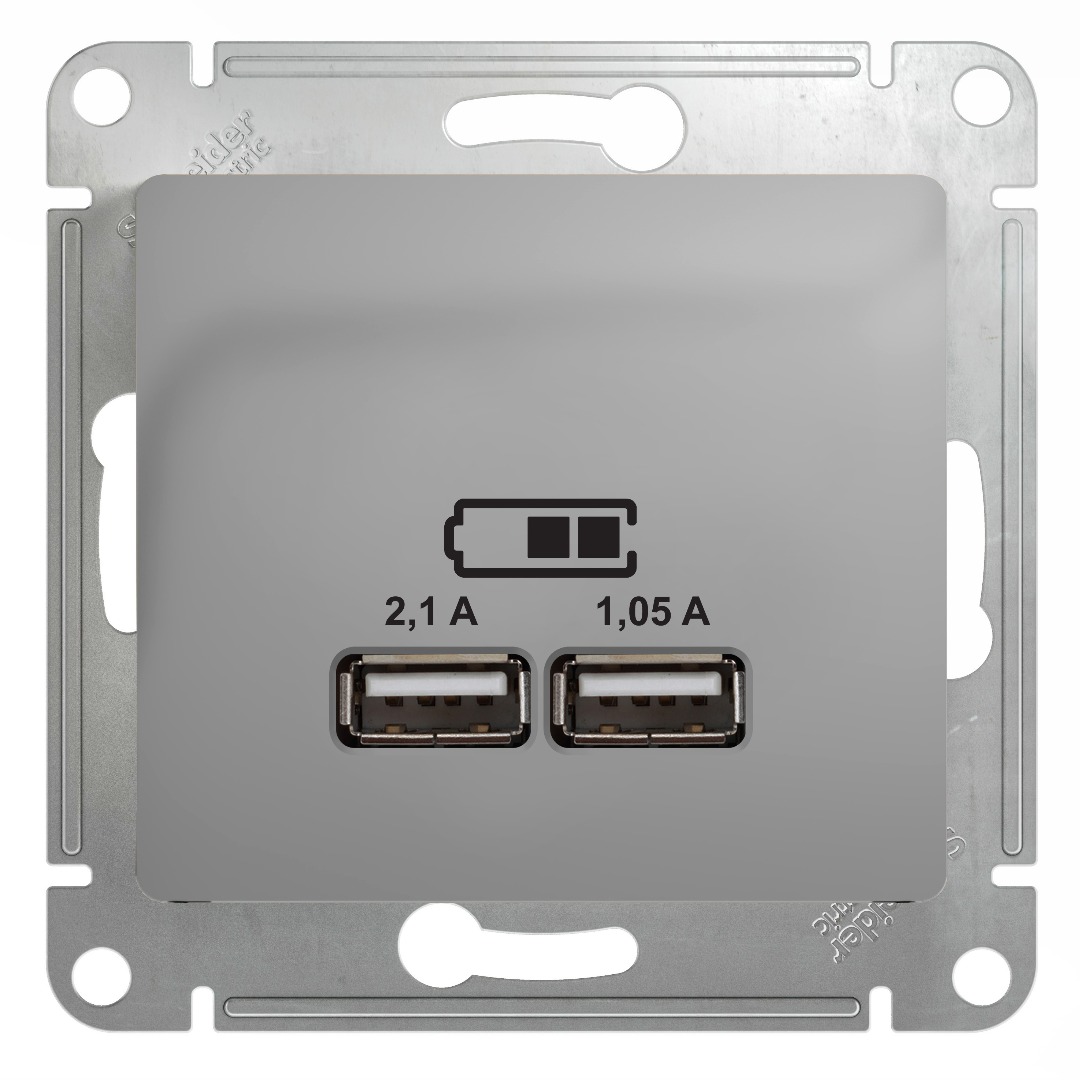 Зарядка USB 5В/2100мА, 2х5В/1050мА механизм Systeme Electric Glossa алюминий GSL000333 GSL000333 - магазин электротехники Electroshop