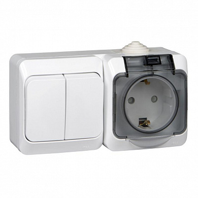 Блок выключатель двухклавишный + розетка с/з Этюд IP44 Systeme Electric белый BPA16-242B BPA16-242B - магазин электротехники Electroshop