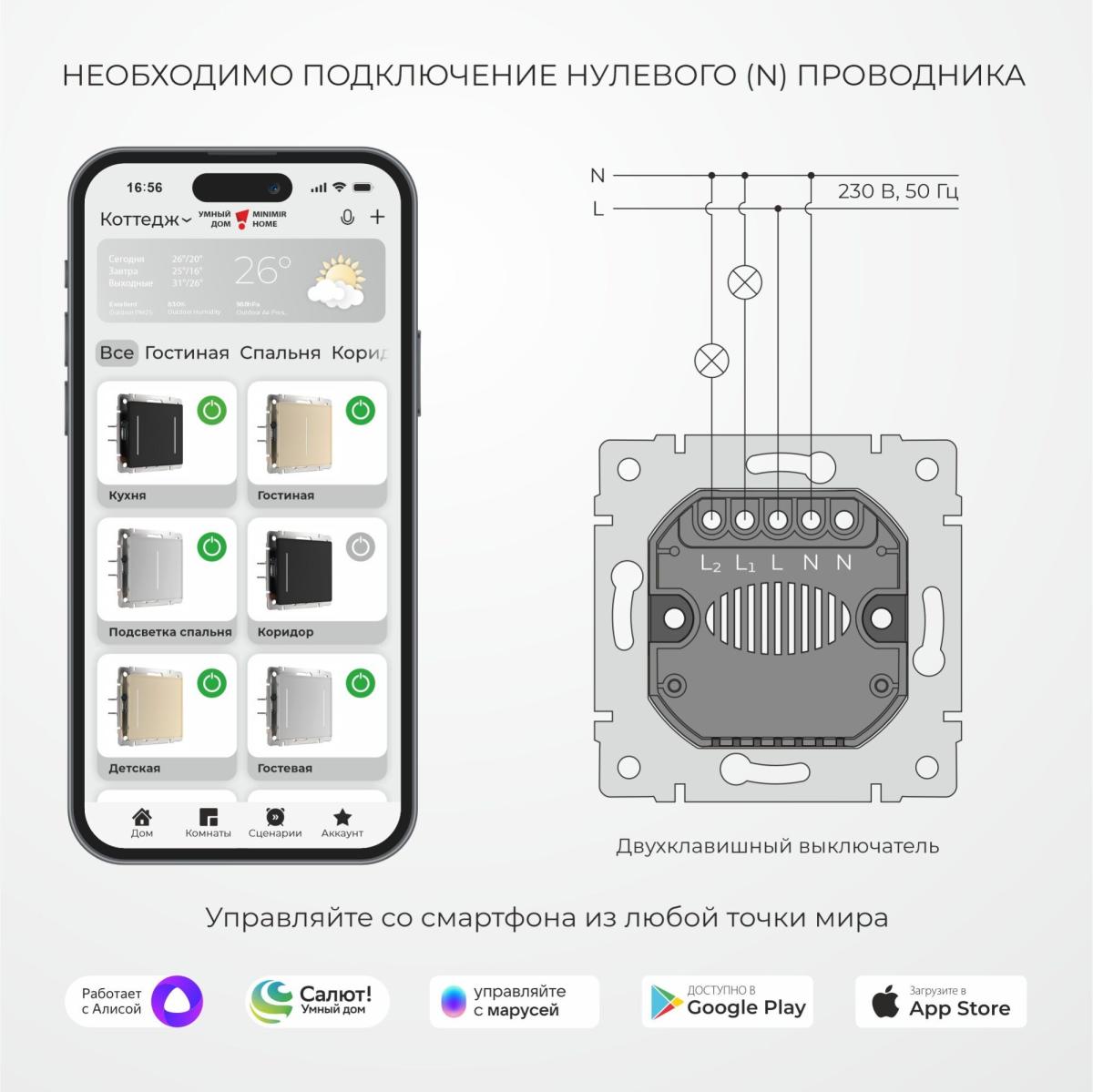 Умный сенсорный выключатель двухклавишный Werkel 4690389197970 W4523011 a064146 4690389197970 - магазин электротехники Electroshop