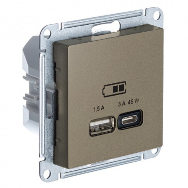 Зарядка USB тип А + тип С 45W высокоскоростная зарядка QC, PD AtlasDesign шампань Systeme Electric ATN000529 ATN000529 - магазин электротехники Electroshop