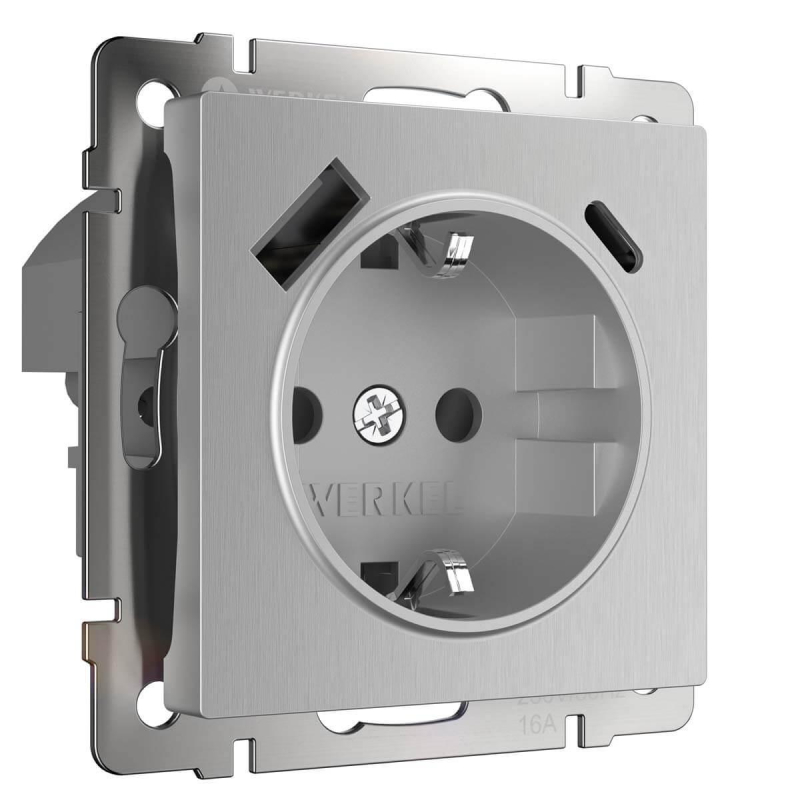 Розетка Werkel с быстрой зарядкой USB Type A+С серебряный рифленый W1171709 4690389176456 4690389176456 - магазин электротехники Electroshop
