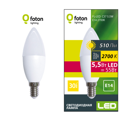 Лампа светодиодная свеча FL-LED C37 5,5W 4200К 220V E14 37х100 510Лм Foton Lighting 606815 606815 - магазин электротехники Electroshop