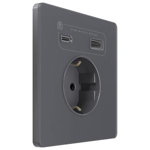 Зарядка USB с розеткой 2P+E со шторками Infinity 16A тип-А и тип-C 20Вт вулканический пепел Systeme Electric FSE000732 FSE000732 - магазин электротехники Electroshop