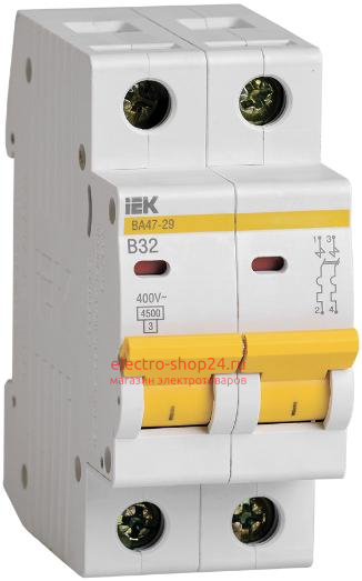 Автоматический выключатель ВА47-29 2Р 32А 4,5кА характеристика В ИЭК (автомат) MVA20-2-032-B MVA20-2-032-B - магазин электротехники Electroshop