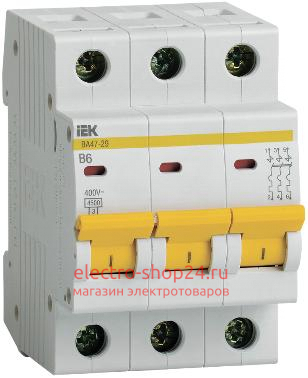 Автоматический выключатель ВА47-29 3Р 6А 4,5кА характеристика В ИЭК (автомат) MVA20-3-006-B  MVA20-3-006-B - магазин электротехники Electroshop