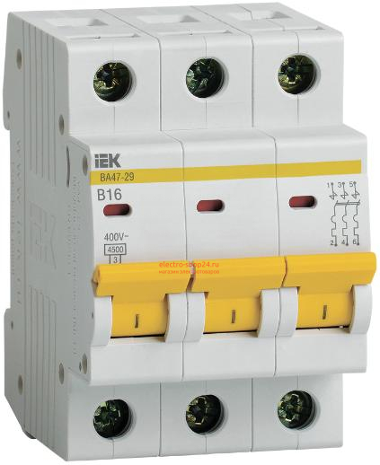 Автоматический выключатель ВА47-29 3Р 16А 4,5кА характеристика В ИЭК (автомат) MVA20-3-016-B MVA20-3-016-B - магазин электротехники Electroshop