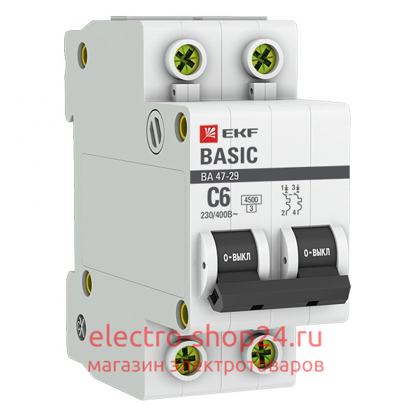 Автоматический выключатель 2P 6А (C) 4,5кА ВА 47-29 EKF Basic (автомат) mcb4729-2-06C mcb4729-2-06C - магазин электротехники Electroshop