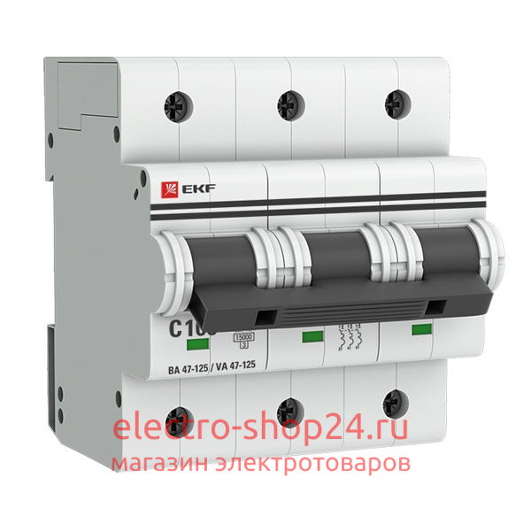 Автоматический выключатель 3P 100А (C) 15кА ВА 47-125 EKF PROxima (автомат) mcb47125-3-100C mcb47125-3-100C - магазин электротехники Electroshop
