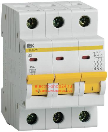 Автоматический выключатель ВА47-29 3Р 3А 4,5кА характеристика В ИЭК (автомат) MVA20-3-003-B MVA20-3-003-B - магазин электротехники Electroshop