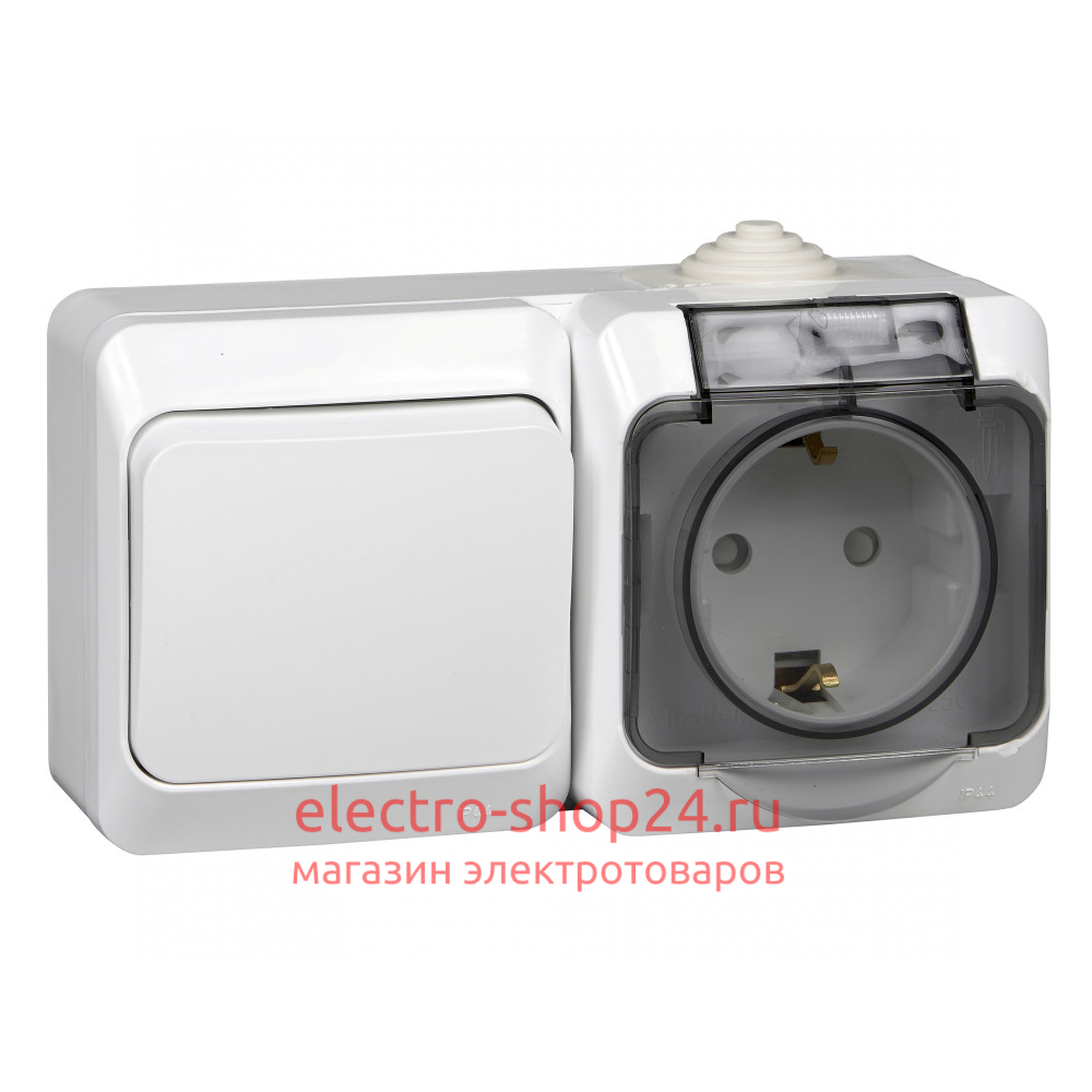 Блок переключатель одноклавишный + розетка с/з Этюд IP44 Schneider Electric белый BPA16-246B BPA16-246B - магазин электротехники Electroshop