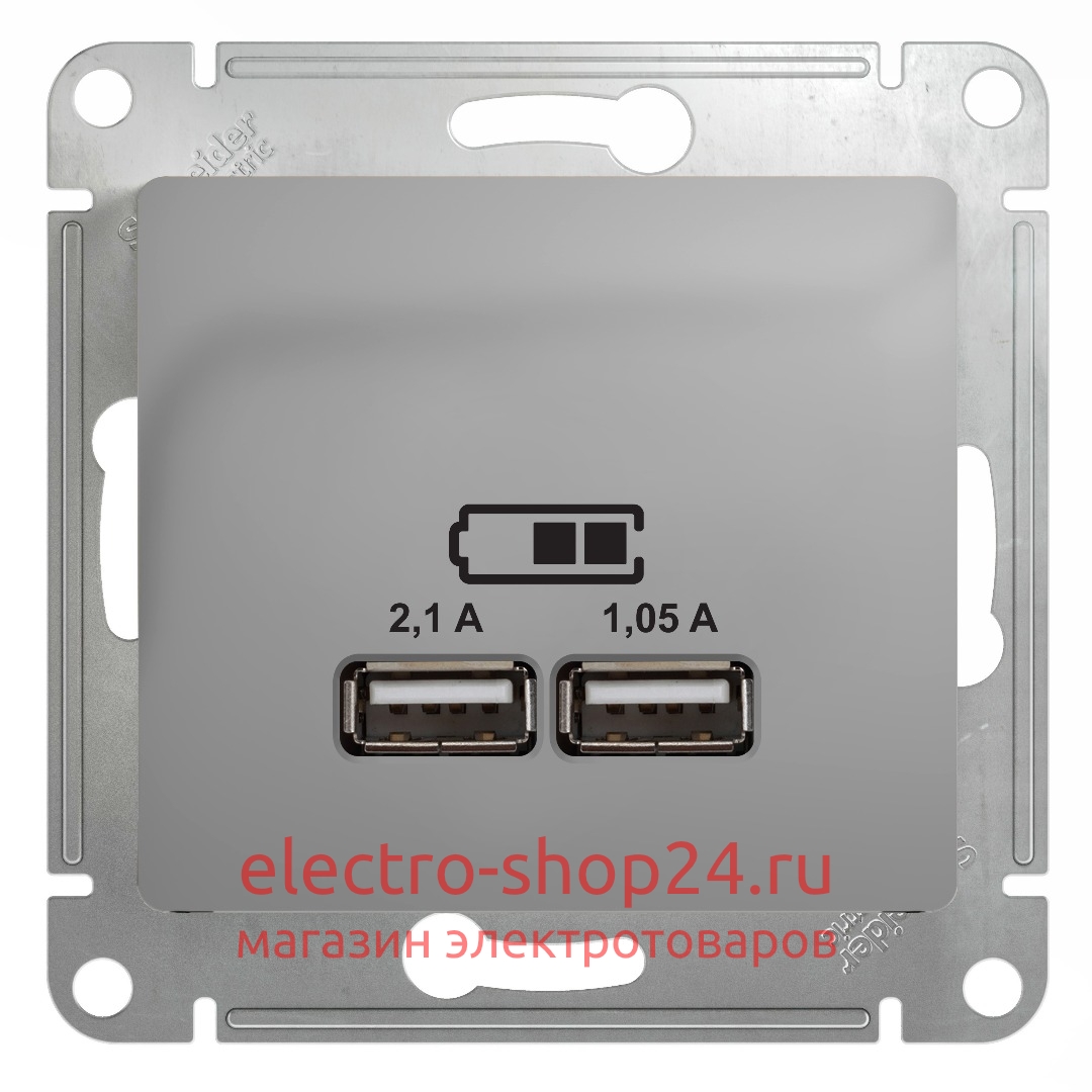 Зарядка USB 5В/2100мА, 2х5В/1050мА механизм SE Glossa. Цвет-алюминий GSL000333 - магазин электротехники Electroshop