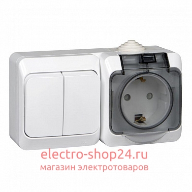 Блок выключатель двухклавишный + розетка с/з Этюд IP44 Schneider Electric белый BPA16-242B - магазин электротехники Electroshop