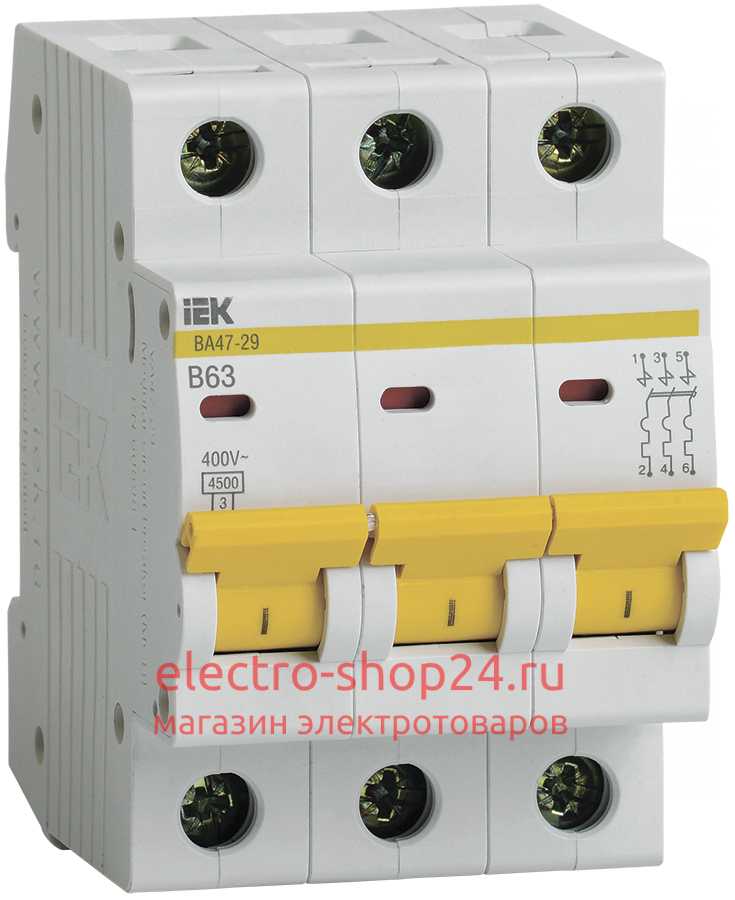 Автоматический выключатель ВА47-29 3Р 63А 4,5кА характеристика В ИЭК (автомат) MVA20-3-063-B MVA20-3-063-B - магазин электротехники Electroshop
