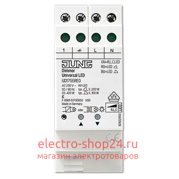 Диммер универсальный LED, на DIN-рейку Jung 20-420Вт 2 модуля UD1755REG UD1755REG - магазин электротехники Electroshop